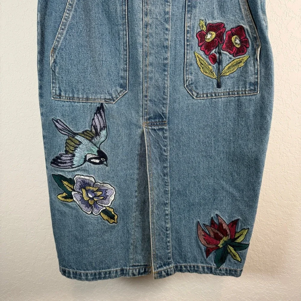 Denim Midi Skirt Embroidered Bird Flowers Blue Jean Pencil Skirt Size‎ L